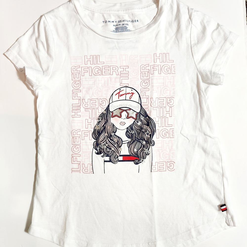 Tommy Hilfiger Girl's White Graphic T-Shirt Size: 8/10 M